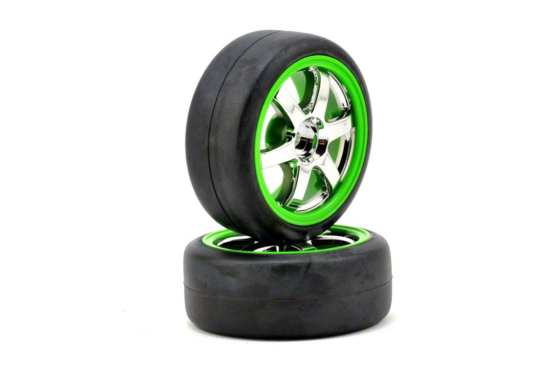 Tires and wheels, assembled, glued (Volk Racing TE37 chrome/green wheels, 1.9 Gymkhana slick tires)