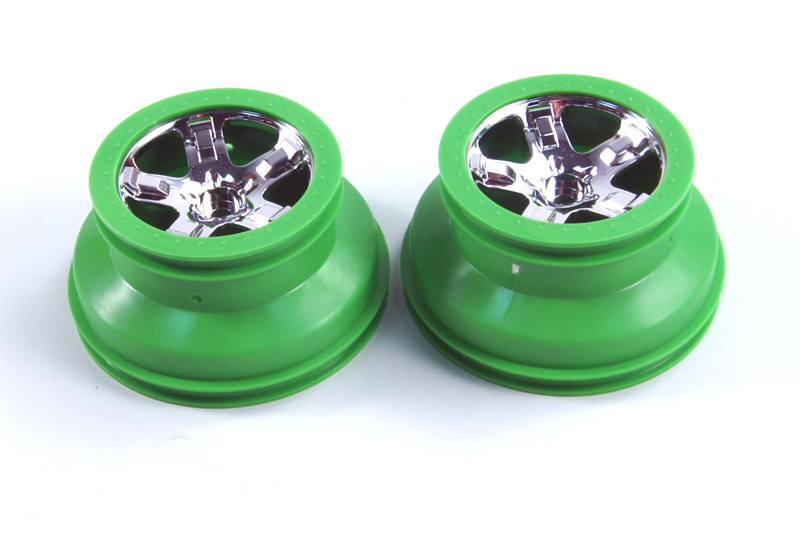 Wheels, SCT, chrome, green beadlock style, dual profile (2.2'' outer 3.0'' inner
