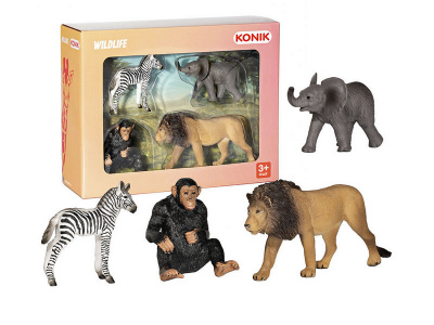 Фигурка KONIK набор диких животных: лев, шимпанзе, слоненок, зебра