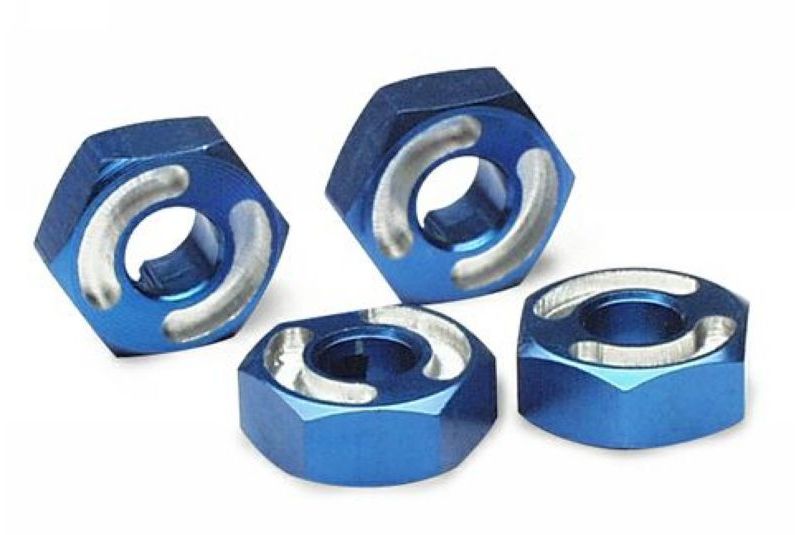 Wheel hubs, hex, 6061-T6 aluminum (blue) (4)/ axle pins (2.5x10mm) (4)