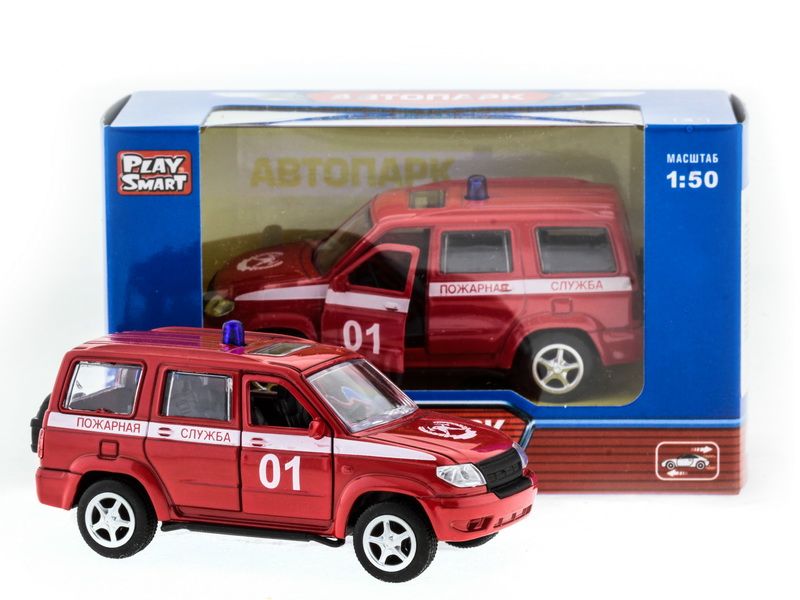 Машина ''АВТОПАНОРАМА'' инерц. УАЗ Патриот (пожарная) 1/50, в/к 12*7*5,5 см