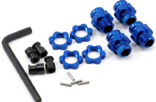 Wheel hubs, splined, 17mm, short (4)/ wheel nuts, splined, 17mm (4) (blue-anodized)/ hub retainer M4
