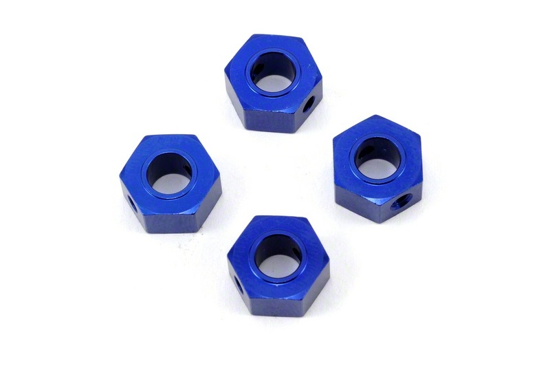 Wheel adaptors, 12mm hex, 6061-T6 aluminum (blue-anodized) (4)/ screw pins (4)/ drill bit, 0.25 inch