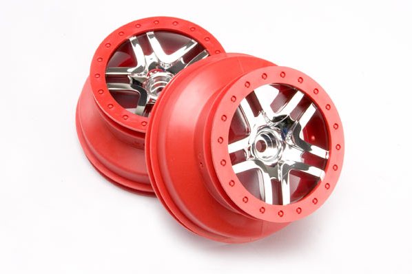 Wheels, SCT Split-Spoke, chrome, red beadlock style, dual profile (2.2'' outer 3.0'&#