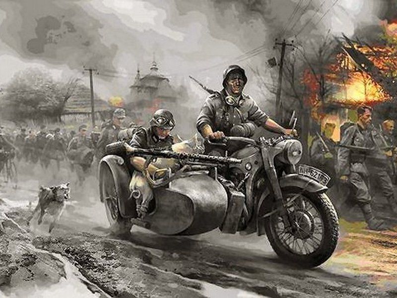 Сборная модель. Немецкий мотоцикл БМВ Р-12 с коляской и экипажем. 1/35
