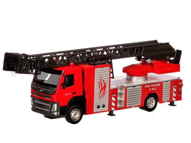 Машина АВТОПАНОРАМА Volvo пожарная машина-лестница, красный, 1/50, свет, звук, в/к 28*14*10 см