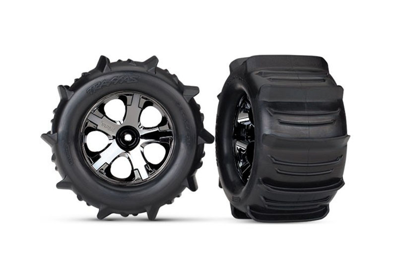 Tires and wheels, assembled, glued (2.8'') (All-Star black chrome wheels, paddle tires, foam inserts) (nitro rear/electric front) (2) (TSM rated)
