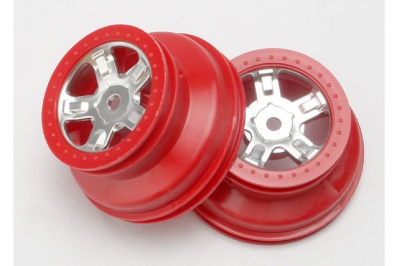 Wheels, SCT satin chrome, red beadlock style, dual profile (1.8'' inner, 1.4'' o
