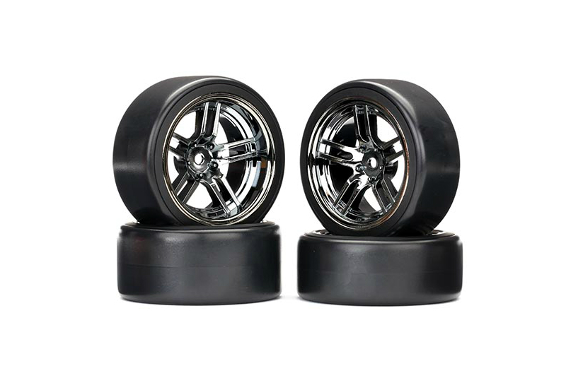 Tires and wheels, assembled, glued (split-spoke black chrome wheels, 1.9'' Drift tires) (front and rear)