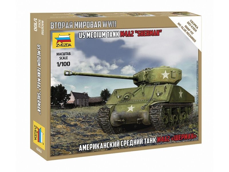 Сборная модель ZVEZDA Американский средний танк ''Шерман'' М4А2, 1/100