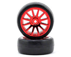 Tires & wheels, assembled, glued (12-spoke red chrome wheels, slick tires) (2)