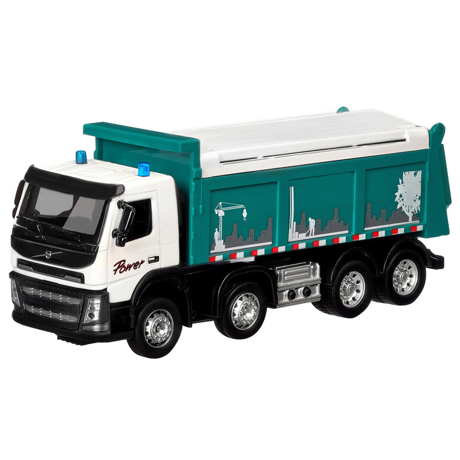 Машина ''АВТОПАНОРАМА'' Volvo самосвал, зеленый, 1/50, свет, звук, в/к 28*14*10 см