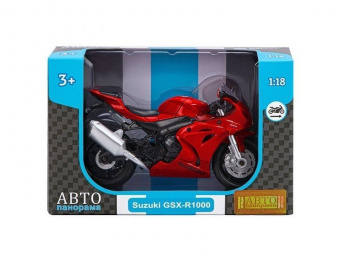 Мотоцикл АВТОПАНОРАМА SUZUKI GSR-R1000, 1/18, металл, красный, свободный ход колес