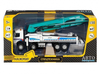 Машина ''АВТОПАНОРАМА'' Volvo бетононасос, белый, 1/50, свет, звук, в/к 28*14*10 см
