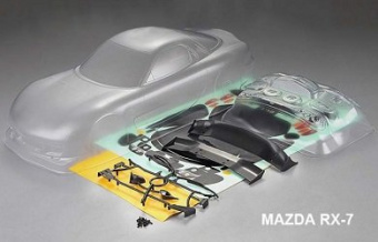 Кузов Mazda RX7 Sport не окрашенный с отражателями, спойлерами и комплектом стайлинга 1:10