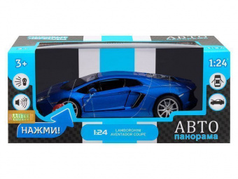 Машина АВТОПАНОРАМА Lamborghini Aventador Coupé, 1/24, синий, свет, звук, в/к 24,5*12,5*10,5 см