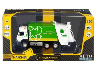 Машина ''АВТОПАНОРАМА'' Volvo мусоровоз, зеленый, 1/50, свет, звук, в/к 28*14*10 см