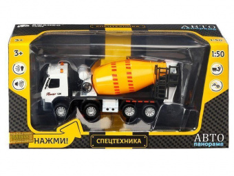 Машина ''АВТОПАНОРАМА'' Volvo бетономешалка, белый, 1/50, свет, звук, в/к 28*14*10 см