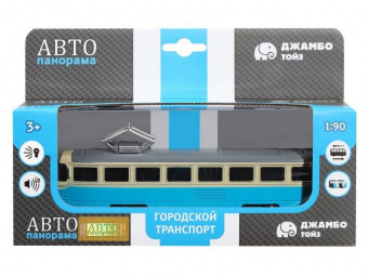 Трамвай ''Автопанорама'', синий, 1/90, свет, звук, инерция, в/к 22*13,5*5,8 см