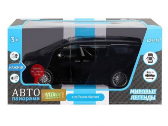 Машина АВТОПАНОРАМА Toyota Alphard, 1/29, черный, откр. двери, свет, звук, в/к 20*10*11 см