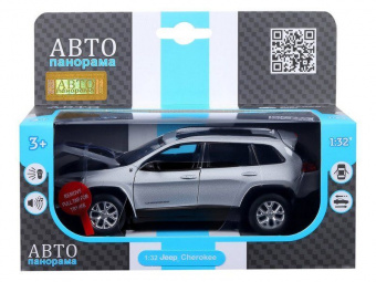 Машина АВТОПАНОРАМА Jeep  Cherokee, 1/32, серебряный, инерция, свет, звук, в/к 17,5*13,5*9 см