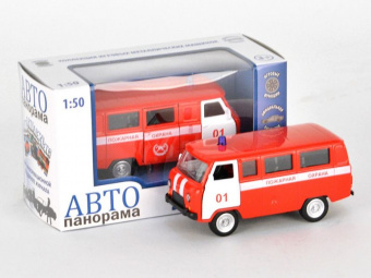 Машина ''АВТОПАНОРАМА'' инерц. УАЗ-452 (пожарная) 1/50, в/к 12*7*5,5 см