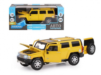Машина ''АВТОПАНОРАМА'' Hummer H3, желтый, 1/24, свет, звук, в/к 24,5*12,5*10,5 см
