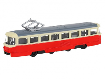 Трамвай ''Автопанорама'', красный, 1/90, свет, звук, инерция, в/к 22*13,5*5,8 см