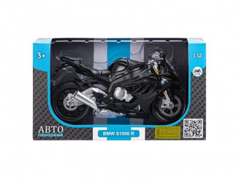 Мотоцикл АВТОПАНОРАМА BMW S1000R, 1/12, металл, черный, свободный ход колес