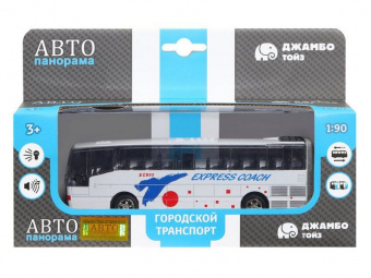 Автобус ''Автопанорама'', белый, 1/90, свет, звук, инерция, в/к 22*13,5*5,8 см