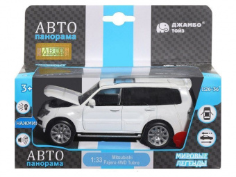 Машина ''АВТОПАНОРАМА'' Mitsubishi Pajero 4WD Tubro, белый, 1/33, свет, звук, в/к 17,5*13,5*9 см
