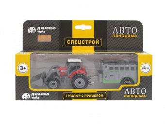 Машина ''АВТОПАНОРАМА'' ТРАКТОР-ПОГРУЗЧИК С ПРИЦЕПОМ, красный, в/к 27,5*5,5*9,5 см
