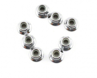 Nuts, 4mm flanged nylon locking (steel, serrated) (8)