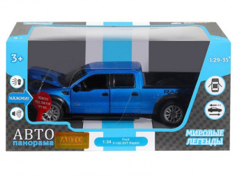 Машина ''АВТОПАНОРАМА'' Ford F-150 SVT Raptor, синий, 1/34, свет, звук, инерция, в/к 20*10*11 см