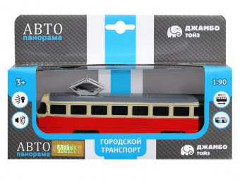 Трамвай ''Автопанорама'', красный, 1/90, свет, звук, инерция, в/к 22*13,5*5,8 см