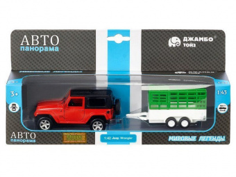 Машина АВТОПАНОРАМА Jeep Wrangler c прицепом, 1/43, открываются передние двери, инерция, в/к