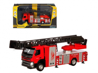 Машина АВТОПАНОРАМА Volvo пожарная машина-лестница, красный, 1/50, свет, звук, в/к 28*14*10 см