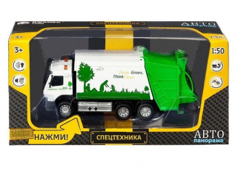Машина ''АВТОПАНОРАМА'' Volvo мусоровоз, белый, 1/50, свет, звук, в/к 28*14*10 см