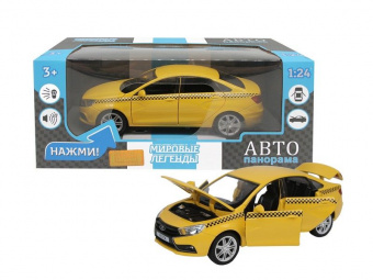 Машина ''АВТОПАНОРАМА'' LADA VESTA ТАКСИ желтый, 1/24, свет, звук, инерция, в/к 24,5*12,5*10,5 см