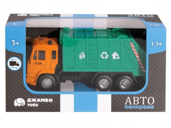 Машина ''АВТОПАНОРАМА'' Мусоровоз, 1:54, цвет зеленый, инерция, в/к 16,5*6,3*9