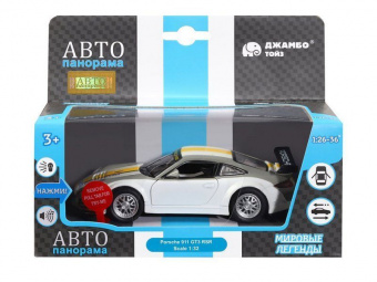 Машина ''АВТОПАНОРАМА'' Porsche 911 GT3 RSR, серебряный, 1/32, свет, звук, инерция, в/к 17,5*13,5*9см