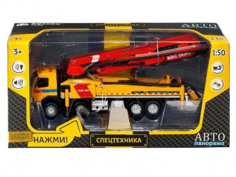 Машина ''АВТОПАНОРАМА'' Volvo бетононасос, желтый, 1/50, свет, звук, в/к 28*14*10 см