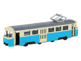 Трамвай ''Автопанорама'', синий, 1/90, свет, звук, инерция, в/к 22*13,5*5,8 см