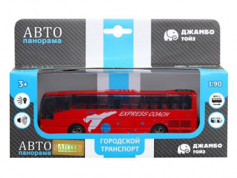 Автобус ''Автопанорама'', красный, 1/90, свет, звук, инерция, в/к 22*13,5*5,8 см