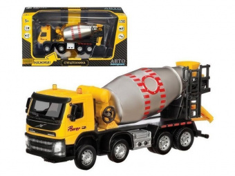 Машина ''АВТОПАНОРАМА'' Volvo бетономешалка, желтый, 1/50, свет, звук, в/к 28*14*10 см