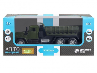 Машина ''АВТОПАНОРАМА'' Грузовик, хаки зеленый, 1/32, свет, звук, инерция, в/к 24*8*10 см