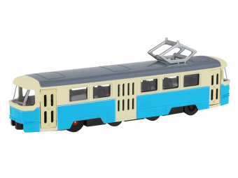 Трамвай ''Автопанорама'', синий, 1/90, свет, звук, инерция, в/к 22*13,5*5,8 см