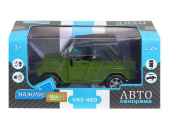 Машина ''АВТОПАНОРАМА'' УАЗ-469, хаки, 1/24, свет, звук, инерция, тент, в/к 22*12*11