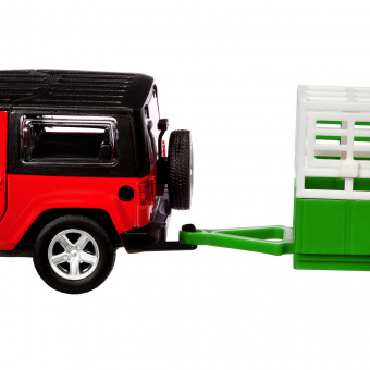 Машина АВТОПАНОРАМА Jeep Wrangler c прицепом для перевозки животных, 1/43, инерция, в/к