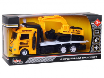 Машина AUTODRIVE Автовоз фрикционный желтый, с экскаватором  со светом и звуком, в/к 23,5*7*11 см